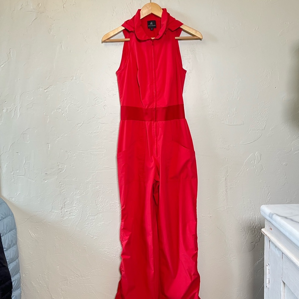 Snider Red Utility Jumpsuit Adjustable Hood Collared Belted Waist